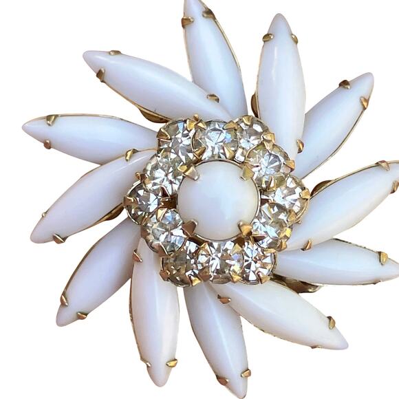 VTG Signed Judy Lee Milk Glass Rhinestone 1950s Clip On Earrings Evening Jewelry - Picture 6 of 13